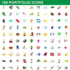 100 portfolio icons set, cartoon style