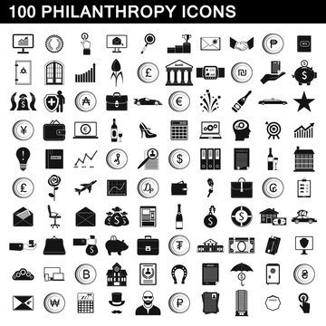 100 philanthropy icons set, simple style