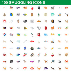 100 smuggling icons set, cartoon style