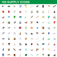 100 supply icons set, cartoon style