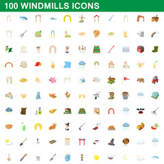 100 windmills icons set, cartoon style