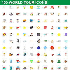 100 world tour icons set, cartoon style