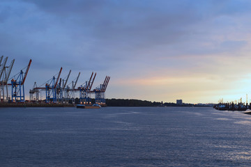 Fototapeta na wymiar Hamburg Hafenkräne Abendhimmel