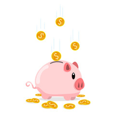 Piggy bank gold coins fall concept flat vector