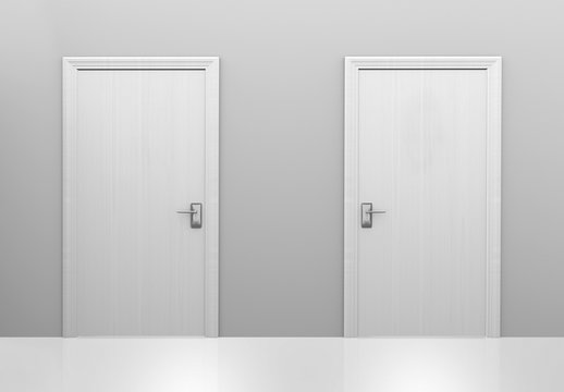 Choice of two doors to different choices or decisions, 3D rendering