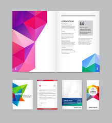 Set of Visual identity with letter logo elements polygonal style Letterhead and geometric triangular design style brochure cover template mockups for business with Fictitious names