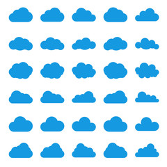 Cloud vector icon set black color on white background. Sky flat illustration collection for web, art and app design. Different nature cloudscape weather symbols.