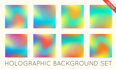 Fluid colors backgrounds set. Holographic effect. Applicable for gift card,cover,poster,brochure,magazine. Vector template..