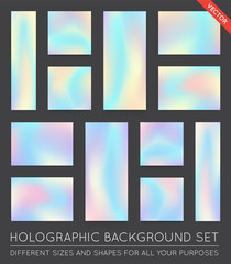 Set of realistic holographic backgrounds in different colors for design. Hologram to create trendy modern design. Backgrounds for design cards, filling silhouettes, pattern design to printing.