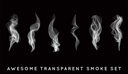 Set of digital realistic smoke vector illustration, curly smoke flow collection, curved transparent smoke flow image, grey smoke flow, vertical smoke flow, 3D smoke flow picture. © ckybe