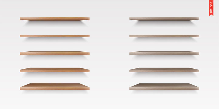 Set of Wood Shelves Vector Isolated on the Wall Background