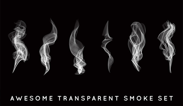 Set of digital realistic smoke vector illustration, curly smoke flow collection, curved transparent smoke flow image, grey smoke flow, vertical smoke flow, 3D smoke flow picture.