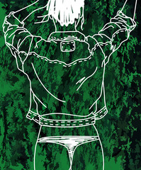 A chalk-drawn outline jeans jacket on a denim texture (green). Applying chalk on a denim fabric (green)