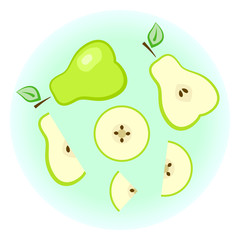 Flat vector ripe green pear set - fruit split in a half along and across, quarter, circle with rind sliced on half and quarter wedge. Cute colorful summer fruit