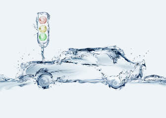 A car made of water and traffic light in the city.