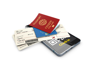 Passport and tickets on the smartphone screen. 3d illustration