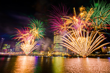 BRISBANE, AUSTRALIA, DEC 23 2016: Colorful fireworks over night sky in Southbank, Brisbane, Australia