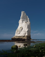 L'Aiguille also known as the Needle, a chalk formation at Etretat, a commune in the Seine-Maritime department in the Normandy region of north western France