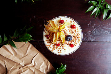 Tiramisu on a wooden table.