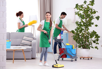 Cleaning service team working in living room