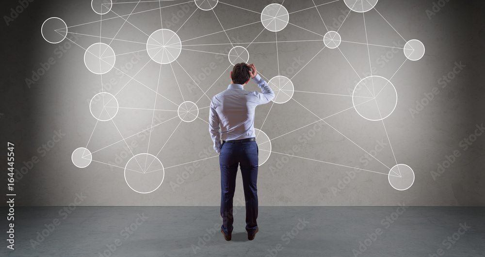 Poster businessman using social network interface on a wall 3d rendering