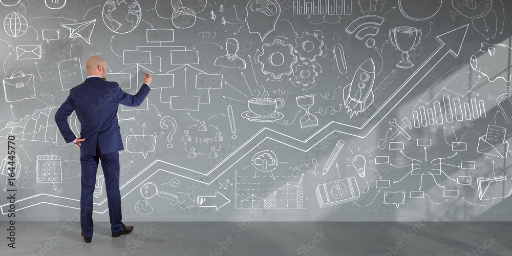 Poster businessman drawing a project sketch on a wall 3d rendering