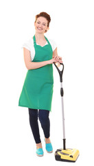 Young woman in green apron on white background. Cleaning service concept