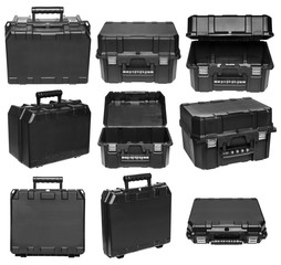 Black plastic tool boxes. Different views, isolated on white background.