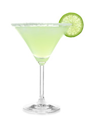 Delicious margarita cocktail on white background