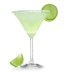Delicious margarita cocktail on white background