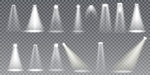 Scene illumination collection, transparent effects. Bright lighting with spotlights.