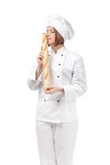 happy female chef isolated on white background