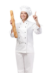 happy female chef isolated on white background