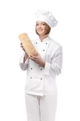 happy female chef isolated on white background