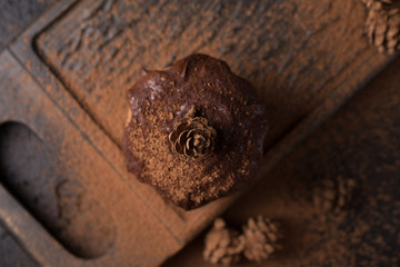 Chocolate muffins, decorated with a small cone on a dark wooden background. Low key. Cupcakes are poured with dark chocolate and cocoa powder. Cupcakes with unusual decoration.