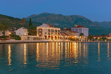 Embankment of Tivat town in the evening. Bay of Kotor, Montenegro