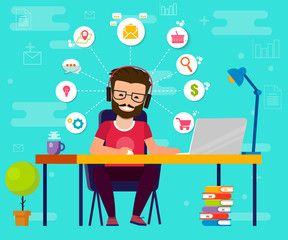 Man working on computer. Work desk, flat cartoon person character, idea of freelancer workplace, online internet conversation image. Vektor EPS10