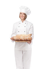 happy female chef isolated on white background