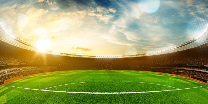 Evening stadium arena soccer field championship win . Yellow toning. Wide angle