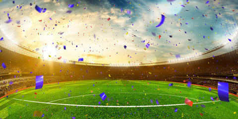 Evening stadium arena soccer field championship win. Confetti and tinsel . Yellow toning. Wide angle