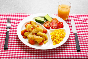 Serving tray with delicious food on table. Concept of school lunch