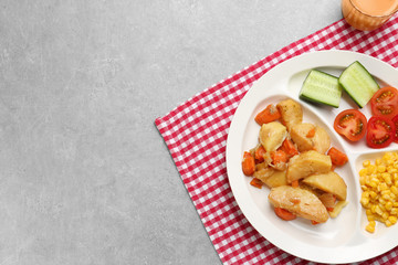 Serving tray with delicious food on table. Concept of school lunch