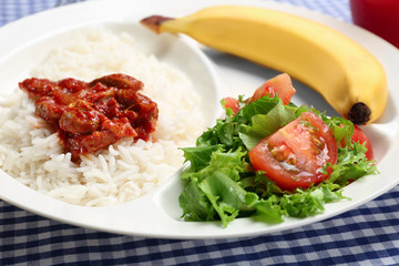 Serving tray with delicious food, closeup. Concept of school lunch