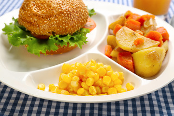 Serving tray with delicious food, closeup. Concept of school lunch