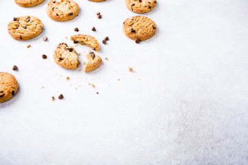 Background with chocolate chip cookies. Copy space. Flat lay. Top view.