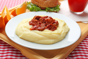Plate with tasty food on serving tray. Concept of school lunch