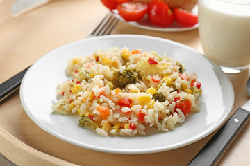Plate with tasty food on serving tray. Concept of school lunch