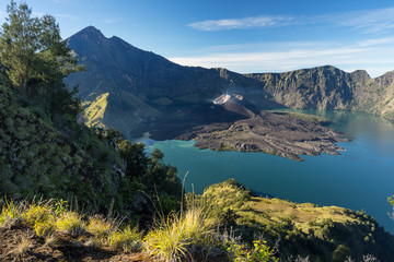 Naklejka na ściany i meble Rinjani active volcano mountain in a morning, Lombok island, Indonesia