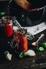Homemade tomato pizza sauce and igredients of pizza sauce