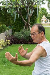 Naklejka na ściany i meble Asian senior man wear white shirt stand and practice tai chi on the grass in the park